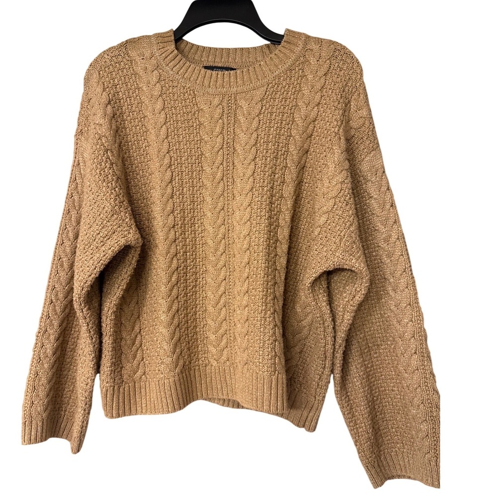 Tahari Womens Camel Tan Cable Knit Sweater Crew Neck Long Sleeve Size Large - Picture 1 of 6
